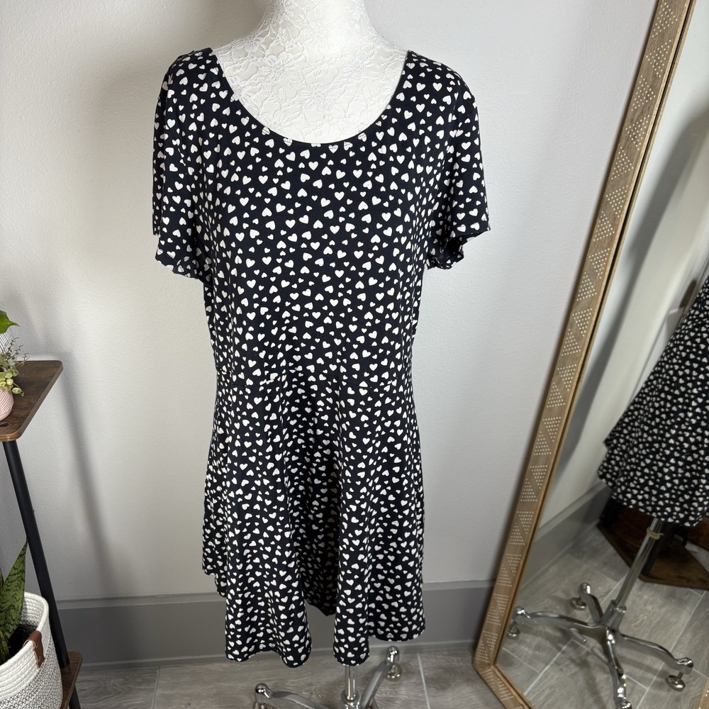Inspire New Look Womens 18 Black Skater Dress Heart Print Jersey Cotton Blend